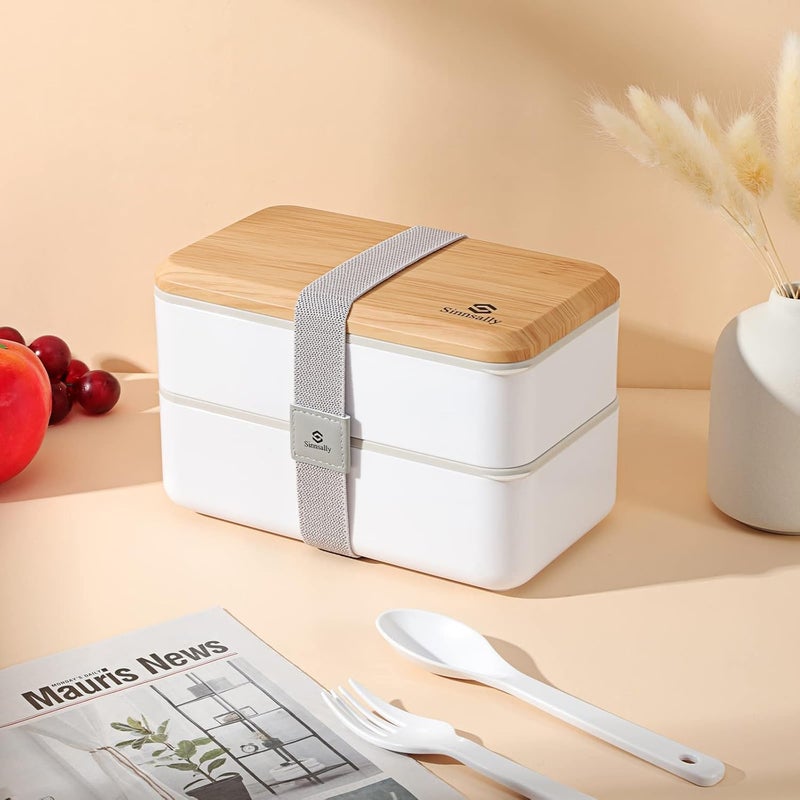 Sinnsally Lunch Box for Adult,1400ml Stackable Japanese Bento Lunch Box for Women,Lunch Containers with Food Compartments,Rectangle Bento Box with Cutlery Set,Leak-proof,Microwave Safe (White) - Image 5
